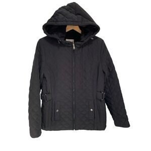 Esprit Medium Quilted Hooded Jacket Black Zip Front Lined Warm Winter Coat